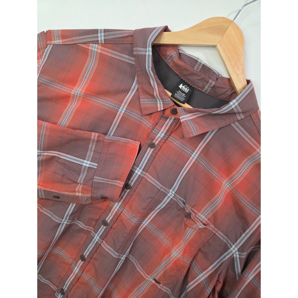 REI Co-op Men Red Plaid Nylon‎ Button Up Hiking Shirt 3XL Vented Trail Gorpcore